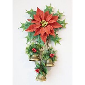 Vintage Christmas Flocked Poinsettia with Bells Wall Hanger Plastic